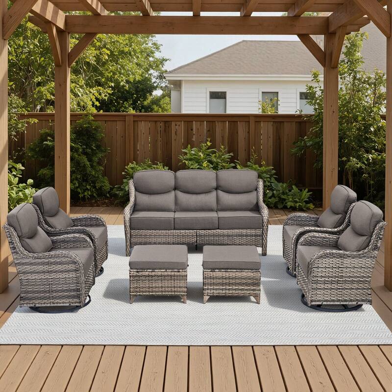 Arcadia 7-Piece Wicker Patio Conversation Set with Swivel Gliders and 6-Inch Thick Olefin Cushions - Gray Cushions - Gray Wicker