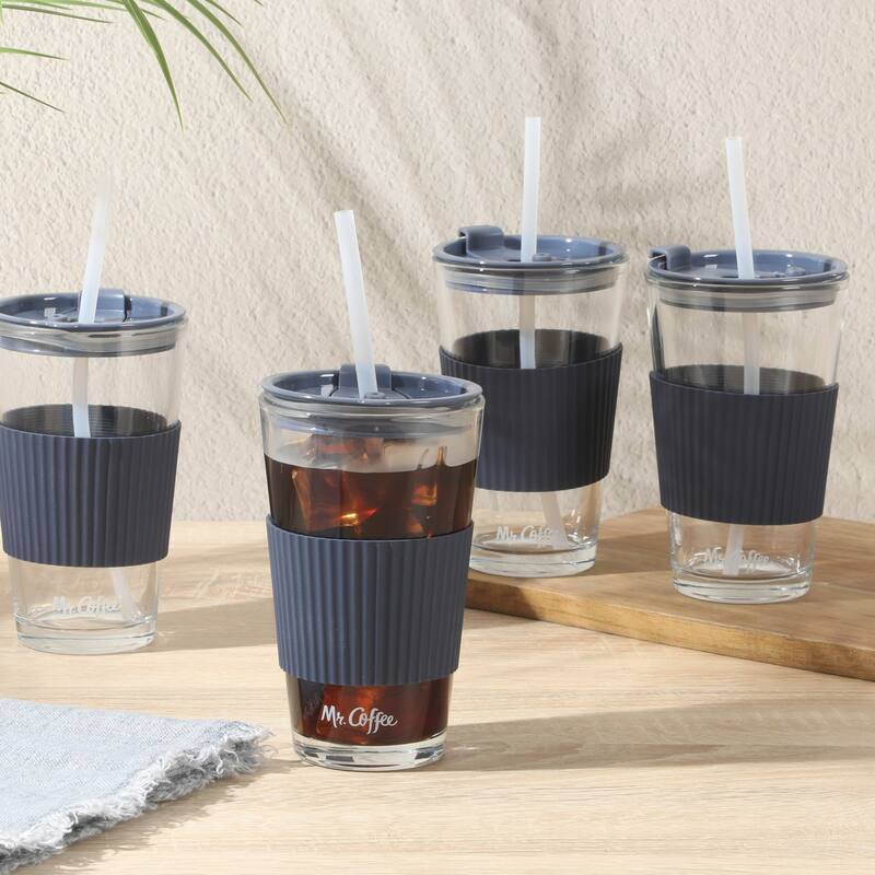 Mr. Coffee Sip Savvy 4-Pack 15oz Glass Tumblers with Lids and Straws - Reusable Iced Coffee Cups