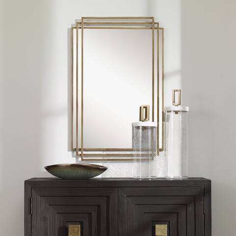 Uttermost Amherst 37" x 24" Hollywood Glam Layered Frame Wall Mirror - Distressed Brushed Gold