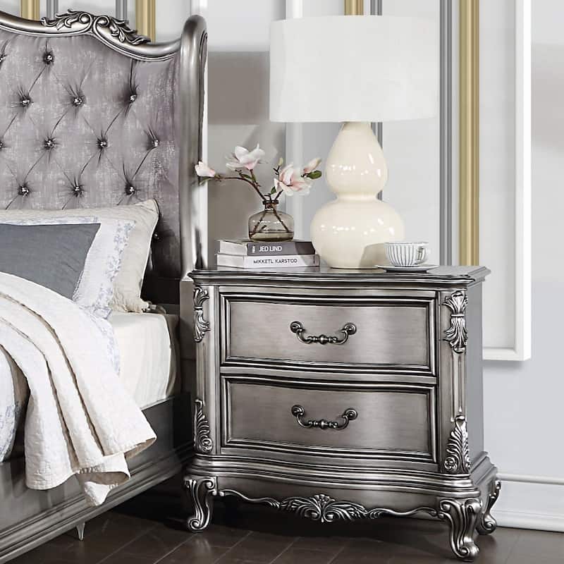 Wooden Nightstand with 2 Drawers in Antique Platinum Finish