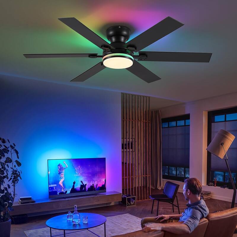 46/52 inch Flush Mount Ceiling Fan with Light,Remote and APP Control,6 Dual Side Blades,Reversible DC Motor