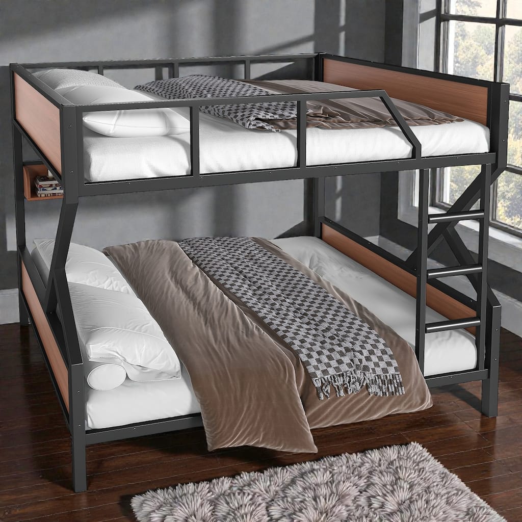 Metal Bunk Bed with Storage Shelves and LED Lights, Space Saving Noise Free Bunk Bed Frame with Guardrails