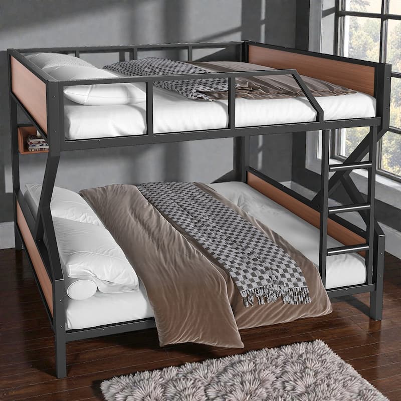 Metal Bunk Bed with Storage Shelves and LED Lights, Space Saving Noise Free Bunk Bed Frame with Guardrails - Black - Full