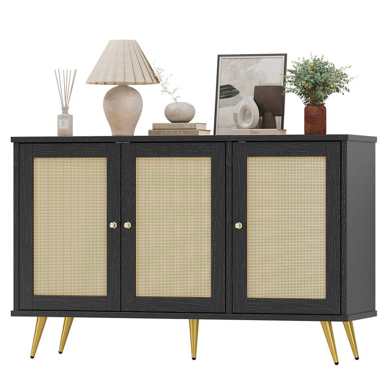 Rattan Storage Cabinet With 3 Door, Farmhouse Style Buffet Sideboard - N/A