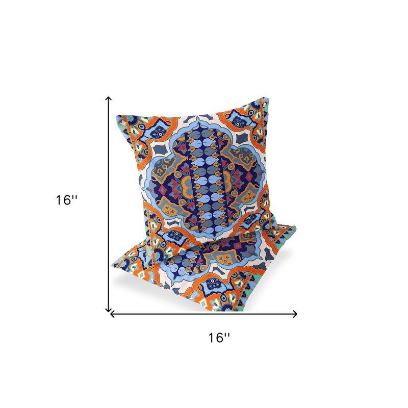 HomeRoots Set of Two 16" X 16" Blue and Orange Blown Seam Floral Indoor Outdoor Throw Pillow - 16.00' X '16.00' X '5.00