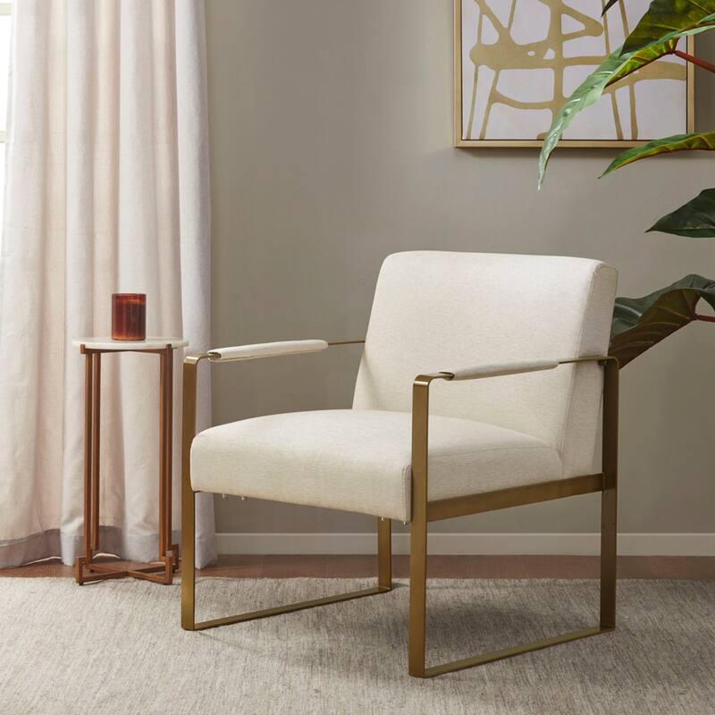 Roomfitters Velvet Accent Armchair, Antique Gold Metal Frame Lounge Seating, Martha Stewart Perry Street Collection, Cream