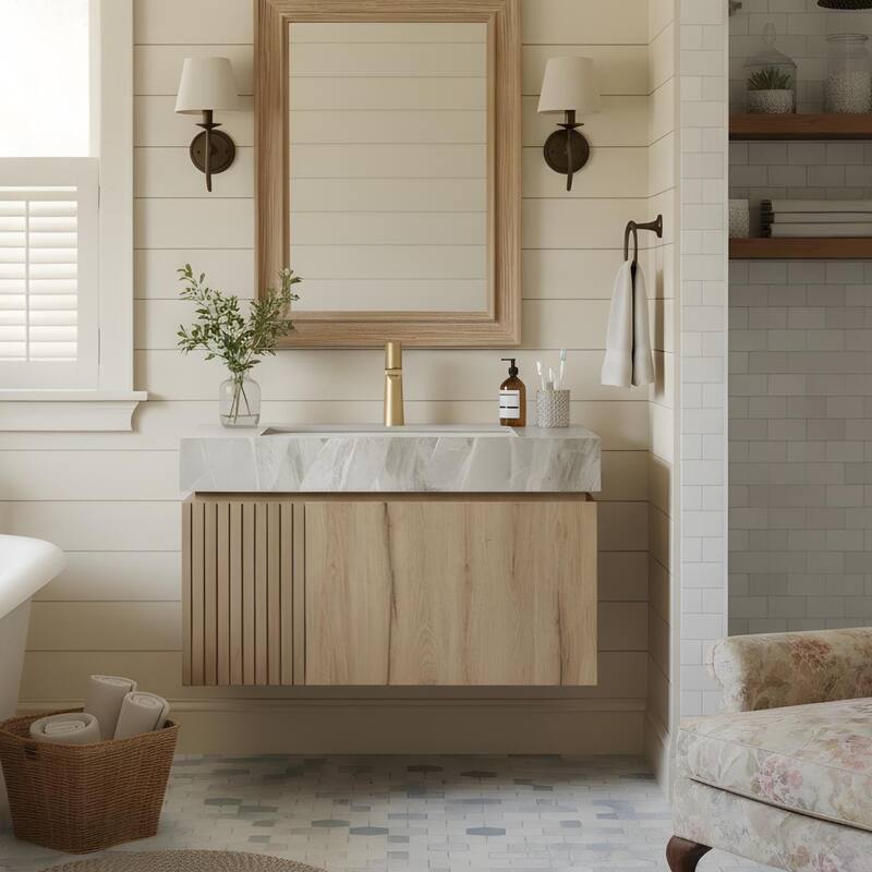 Floating Bathroom Vanity with 1 Pre-drilled Faucet Holes - 30 - White Oak