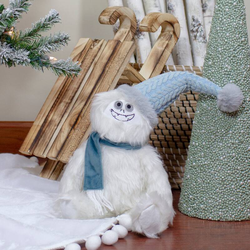 Plush Sitting Yeti with Knitted Hat Christmas Figure - 22" - White and Blue