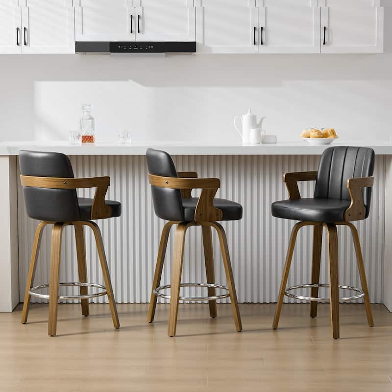 Upholstered Swivel Barstool with Arms and Bentwood Legs - 40.8"H x 18.9"W x 19.5"D/19.3"D