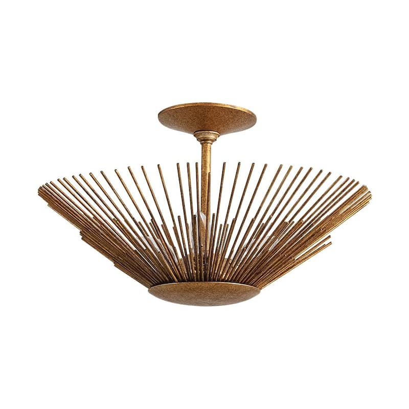 3-Light Vintage Luxe Gold Leaf Sunburst Semi Flush Ceiling Light