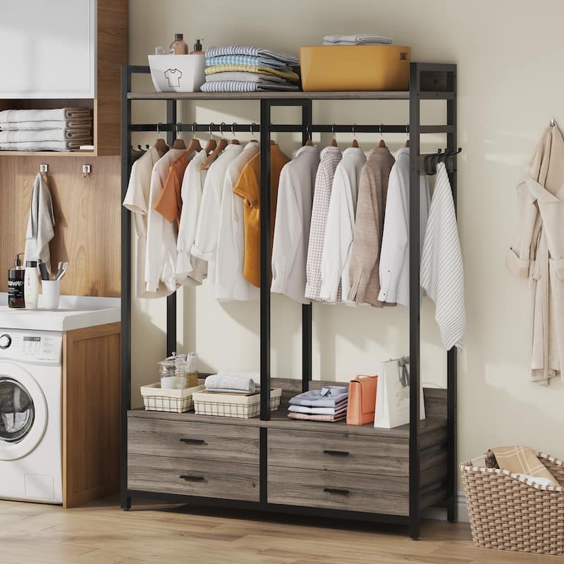 47.2" W Freestanding Closet Organizer for Hanging Clothes, Heavy Duty Garment Rack with 4 Drawers, 8 Hooks and Storage Shelves