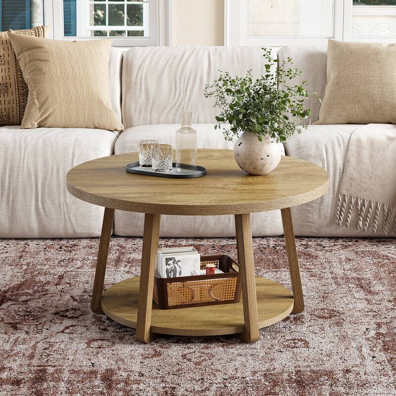 2-Tier Round Coffee Table with Storage, Wood Center Table, Side Table for Living Room, Bedroom - Brown