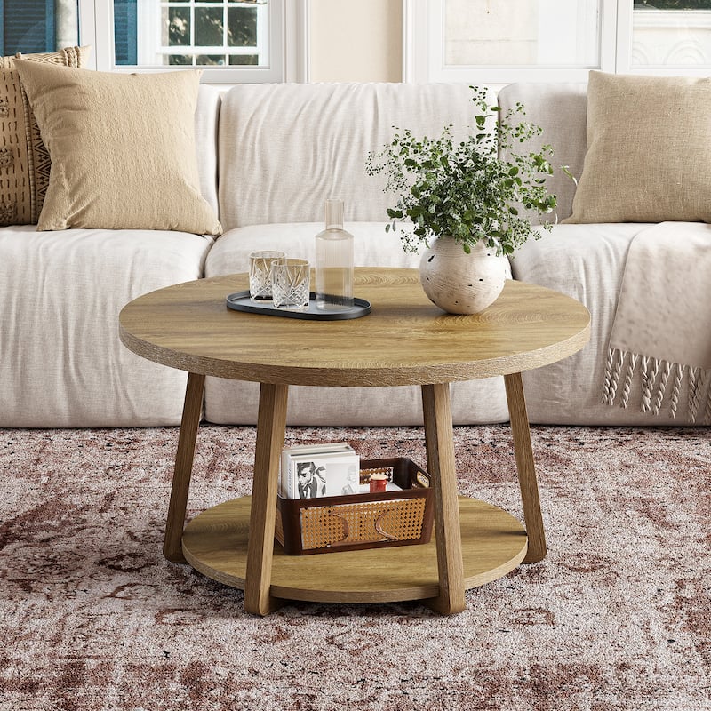 Round Coffee Table, 2-Tier Center Table with Storage, Wooden Legs - Brown
