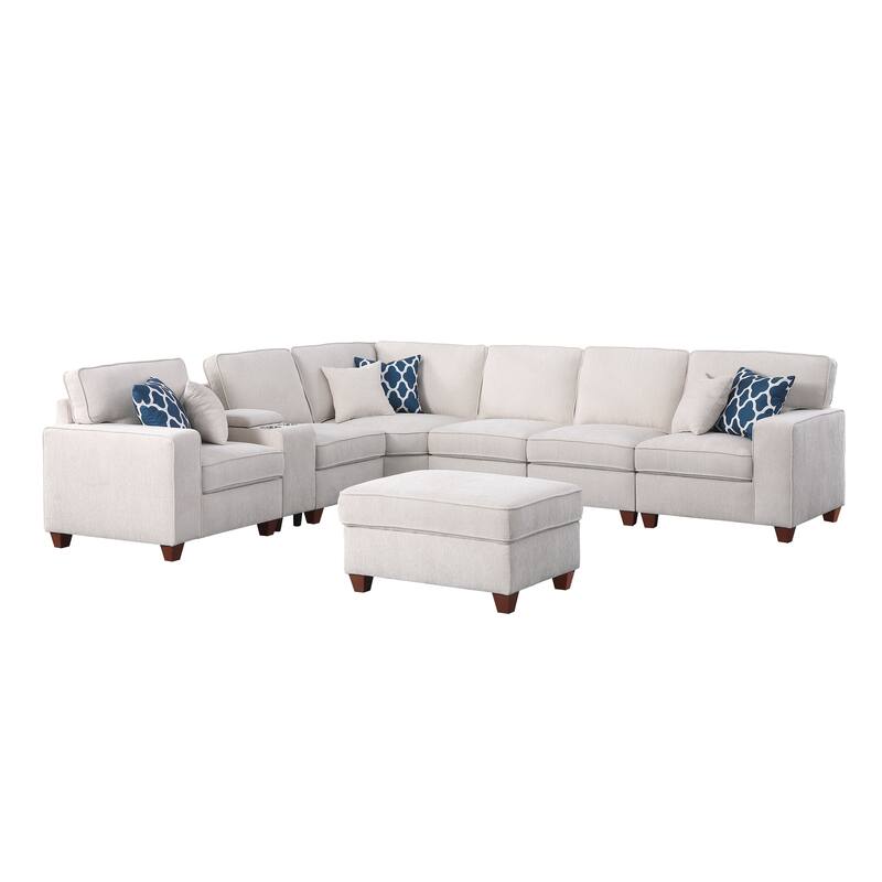 Modern Linen Sectional Sofa with Removable Back Cushions,Accent Sofa with Ottoman,Cupholder and USB port