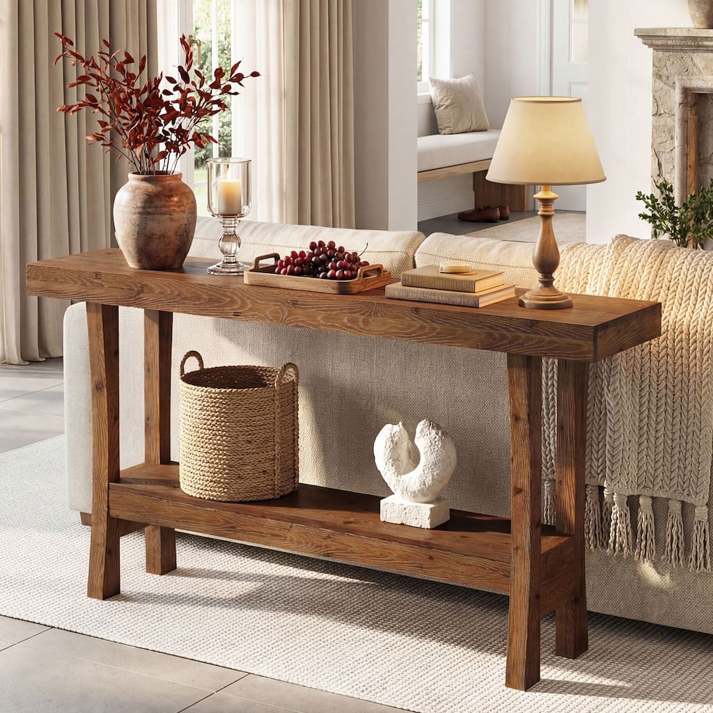 63 Inch Solid Wood Console Table for Entryway, Farmhouse Entry Table with Storage, Narrow Long Sofa Table