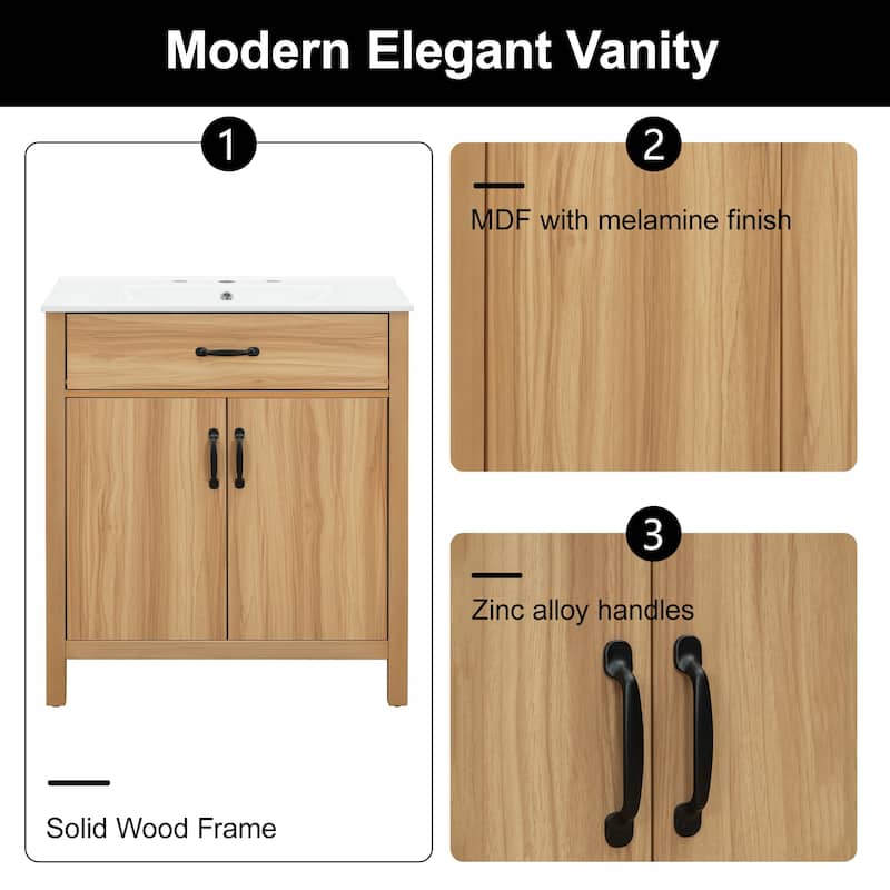 30'' Bathroom Vanity with Sink, Solid Wood Frame, 2 Soft-Close Doors, 1 Drawer & Adjustable Shelf, Modern Cabinet