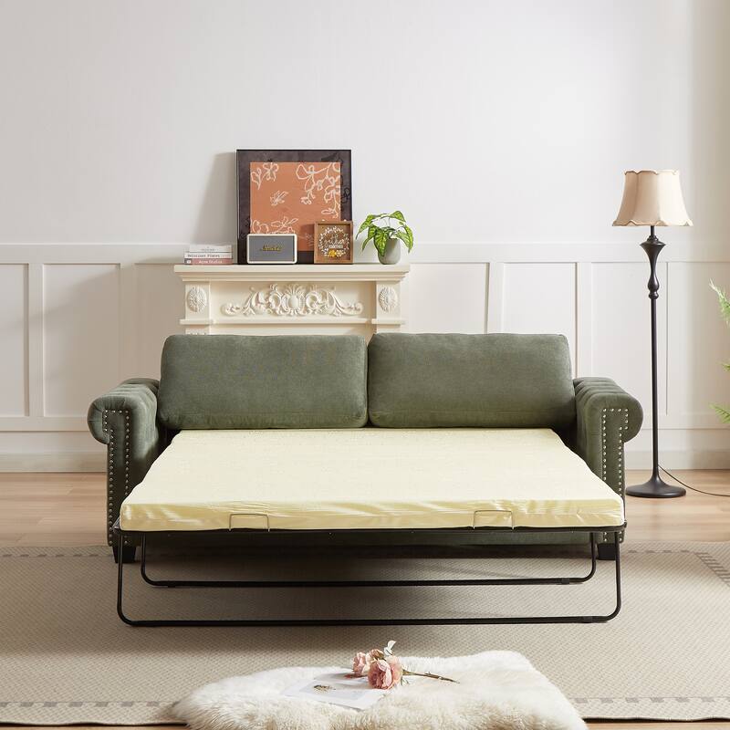 83.8" 2-in-1 Polyester 3-seater Nailheads Convertible Pullout Sofa Bed with Folding Mattress for Living Room