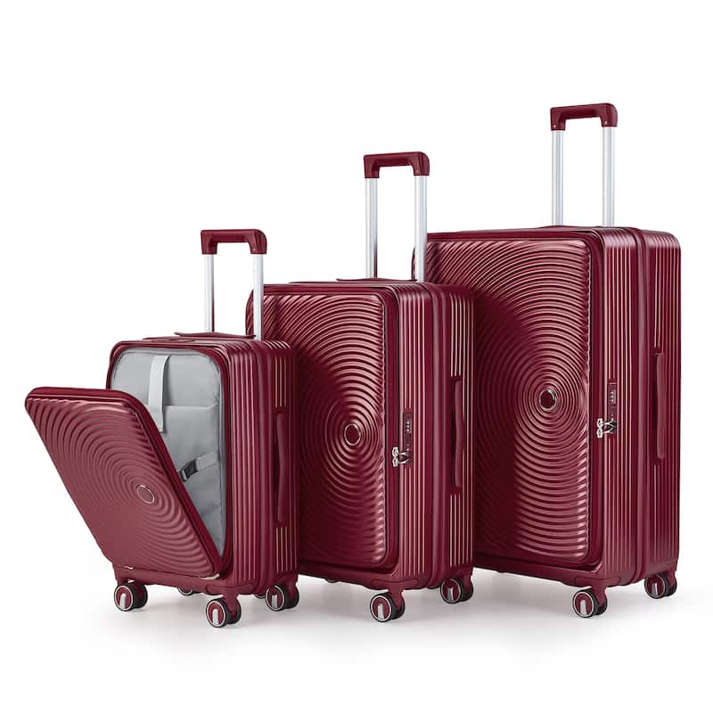 3 Piece PC Expandable Lightweight Carry On Luggage Sets with Front Pocket and Spinner Wheels & TSA Lock, for Men and Women - WINE RED