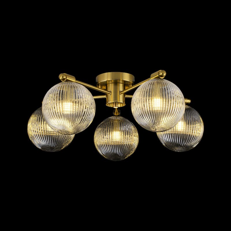 22 in. 5-Light Modern Brass Clear Ribbed Glass Globe Semi-Flush Mount Ceiling Light - 22.05 in. diameter x 8.66 in. height