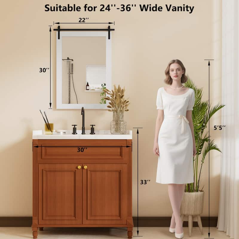 Farmhouse Rectangular Wood Frame Wall Mirror, Rustic Barn Door Bathroom Vanity Mirror