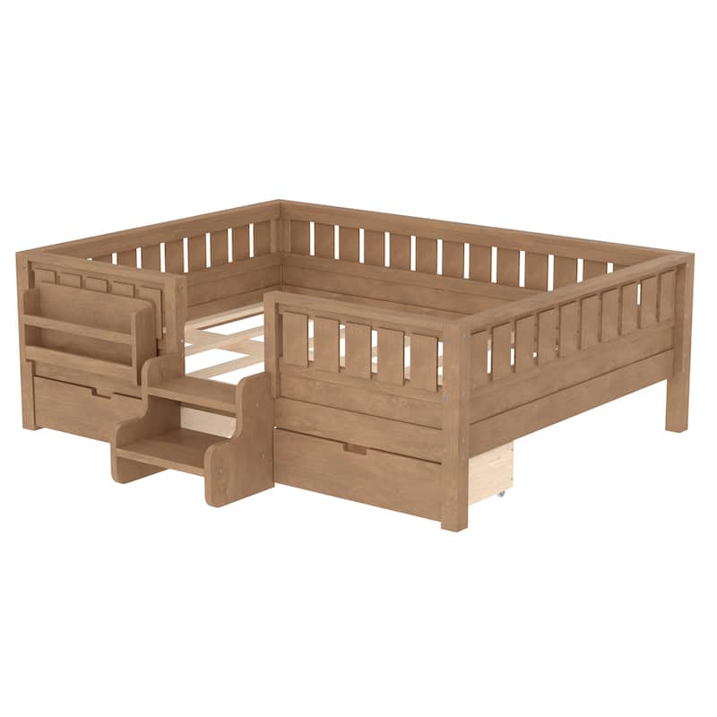 Multiple Colors Toddler Montessori Bed Children's Platform Bed with Low Profile Stairs, Built-in Bookshelf and Storage Drawers