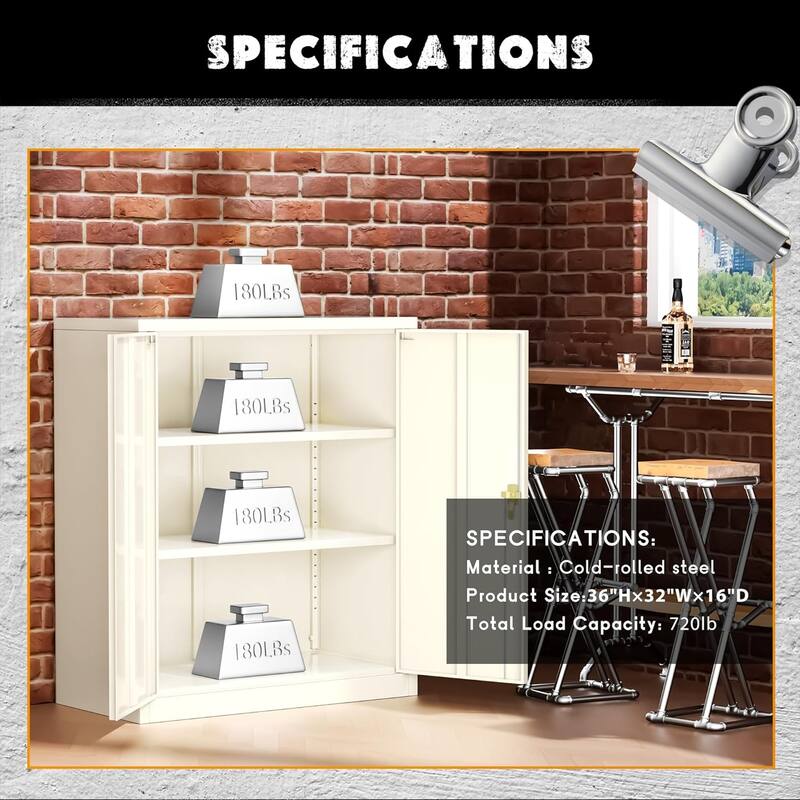 36 inch Metal Office File Storage Cabinet Locker with Locking Doors and Adjustable Shelves for Home Office, Garage, Pantry