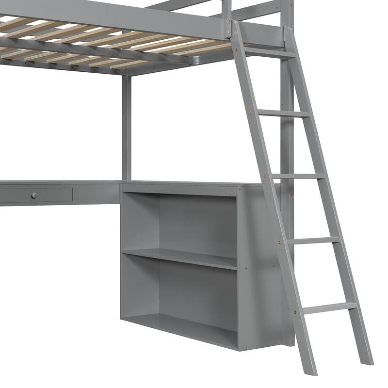 Full Size Loft Bed with Ladder, Shelves, and Study Desk in Gray