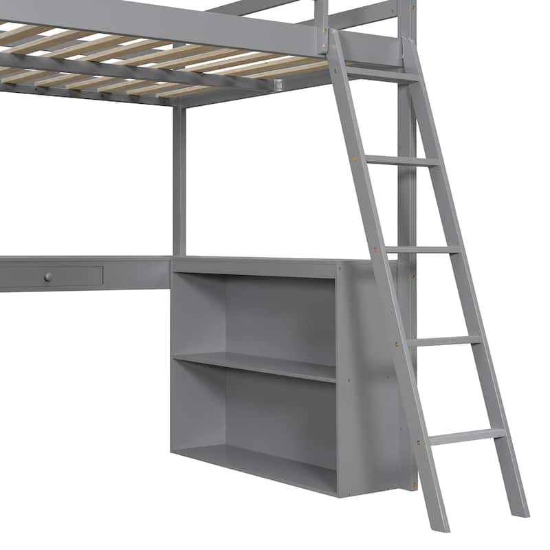 Wooden Bedframe Full Size Loft Bed with Built-in Desk, Storage Open Shelves, Drawer and Reversible Ladder for Kids, Teens