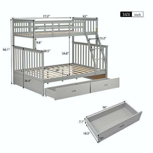 dimension image slide 3 of 4, Twin Over Full Bunk Bed with Storage Drawers, Ladder, and Safety Guard Rails