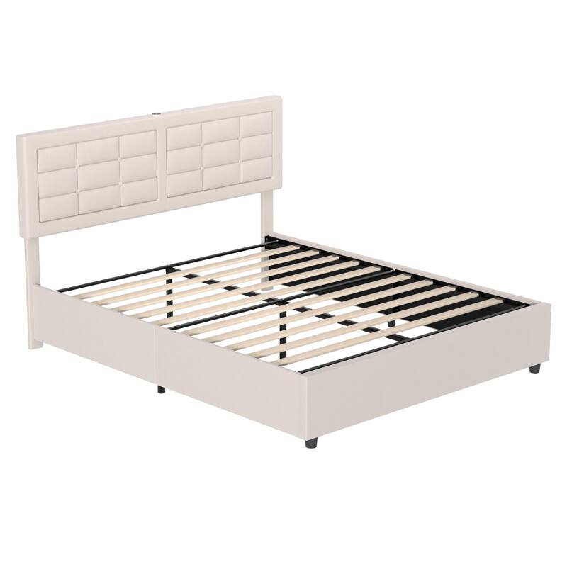 VECELO Bed Frame with USB and Type C Ports, Adjustable Tufted Button Headboard, Upholstered Platform Bed Frame