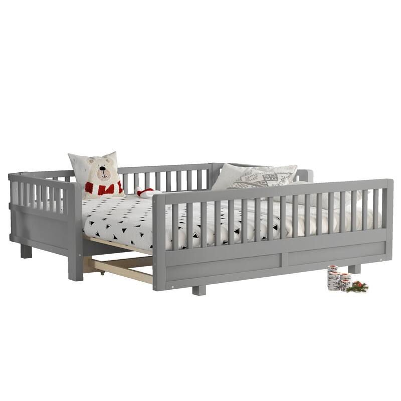 Twin Size Platform Bed with Guardrails, Solid Wood Twin Bed Frame, Can Be Converted into a Double Twin Platform Bed