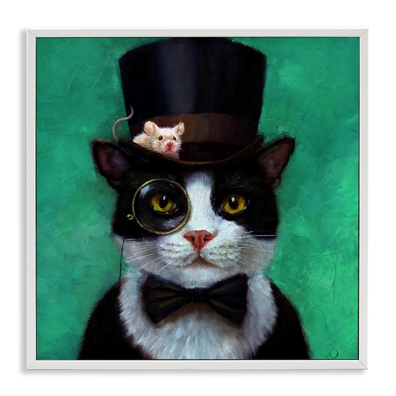 Stupell Good Sir Top Hat Cat w. Mouse and A Monacle Framed Wall Art, 12x12, Proudly Made in USA