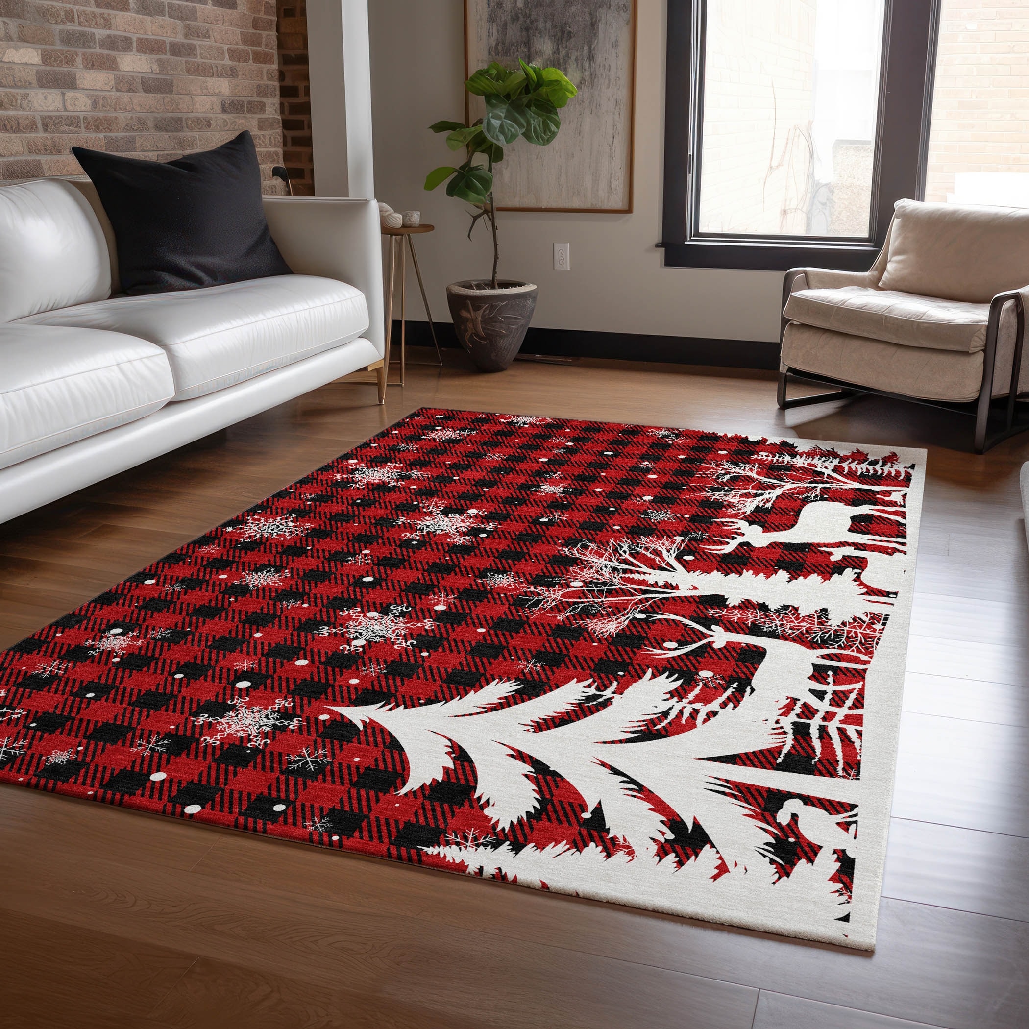 Machine Washable Indoor/ Outdoor Christmas Plaid Chantille Rug