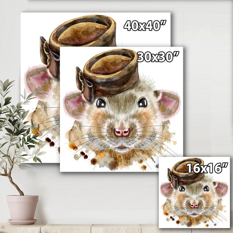Designart "Portrait of Rat With Little Hat" Animals Canvas Wall Art Print