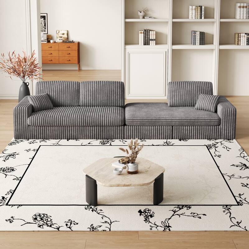 L-Shaped Sectional Sofa with Chaise Lounge, Corduroy Modular Foam Sofa, Upholstered Sofa with 2 Cushion & 2 Throw Pillows