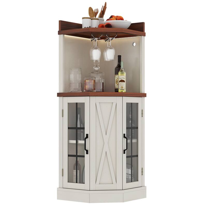 Moasis Industrial Corner Bar Cabinet with LED Lights and Glass Holder