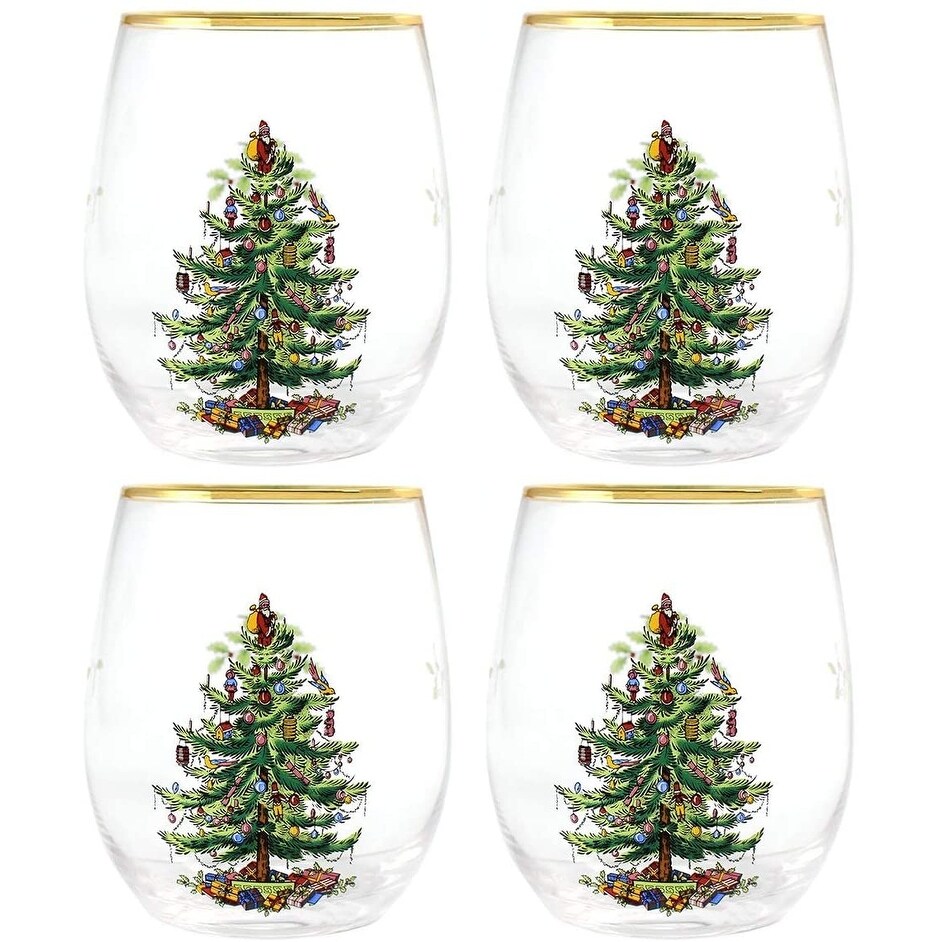 Spode Christmas Tree Stemless Wine Glasses Set of 4 New