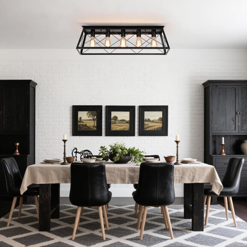 Rustic 5-Light Rectangular Cage Flush Semi Flush Mount - 31.5in