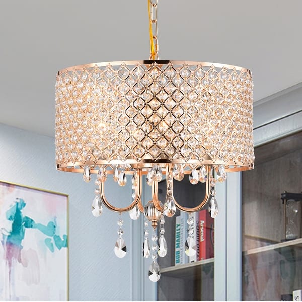 slide 2 of 12, Lucilia 18 Inch Modern-Glam Style Gold Polished Finish Pendant Crystal Lighted Chandelier 4-Light