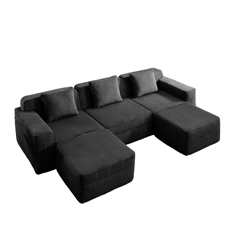 GDFStudio - Corduroy Modular 3-Seater 117.3" U-Shaped Boneless Cloud Sofa with 2 Ottomans