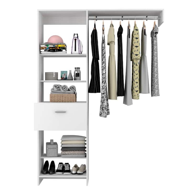 Closet System, Metal Rod, Five Open Shelves, One Drawer