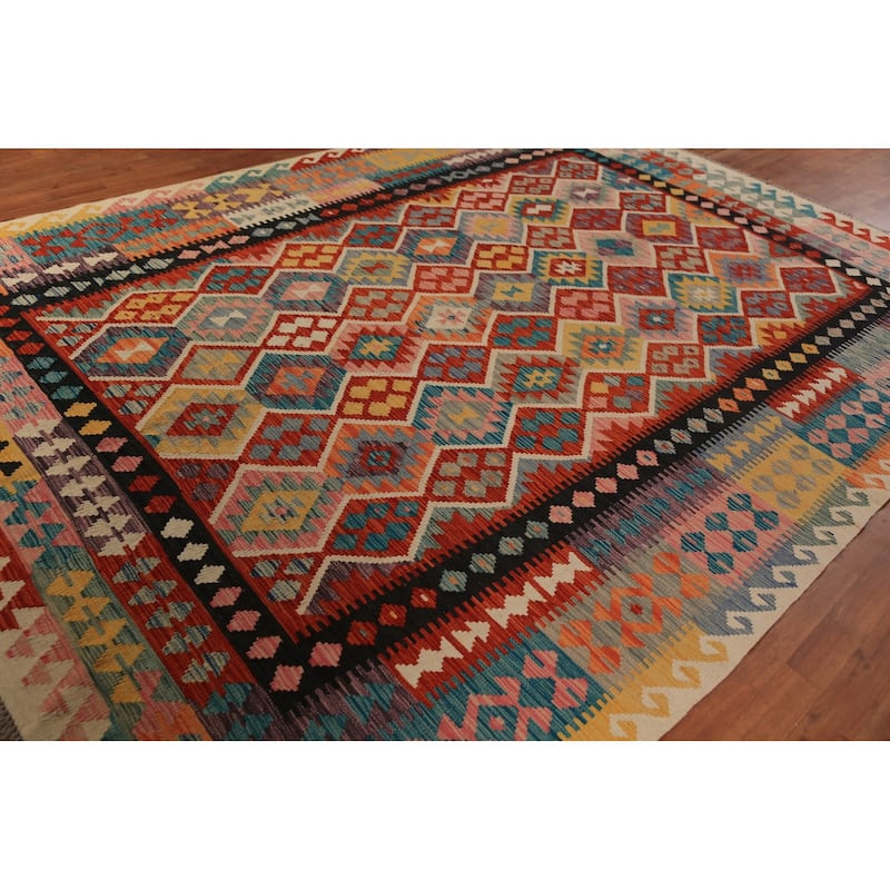 Kilim Oriental Area Rug Flatweave Multi-Color Wool Carpet - 8'1"x 11'2"