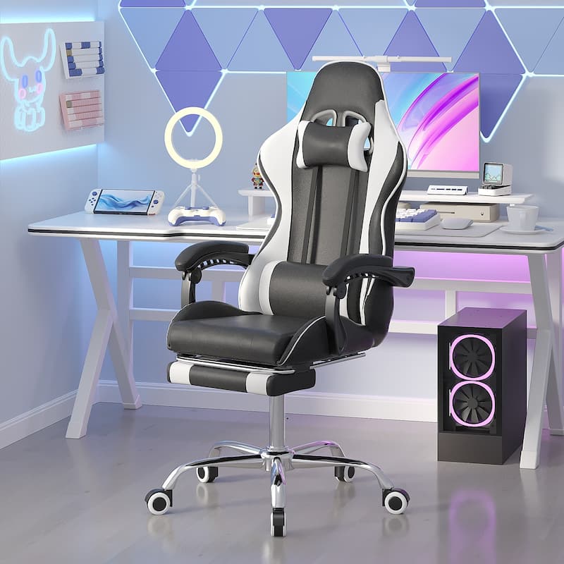 Javlergo Black White Racing Style Gaming Chair Office Chair with Footrest and Lumbar Support Height Adjustable 360°Swivel Chair - Black
