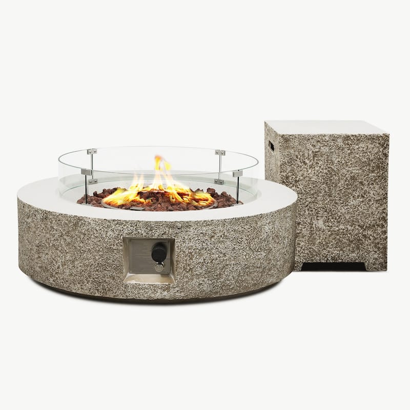 Patio Watcher 42in. Outdoor Round Magnesium Oxide Fire Pit Table with Gas Tank Cover and Wind Guard
