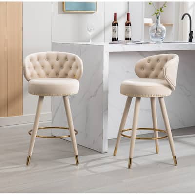 Contemporary Counter Bar Stools with Button Tufted Back（Set of 2）Beige - Set of 2