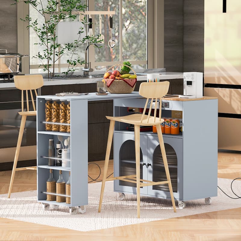 Mobile Kitchen Island on Wheels with Fluted Glass Doors, Rubberwood Top Kitchen Cart with Convertible Extended Table, Grey Blue