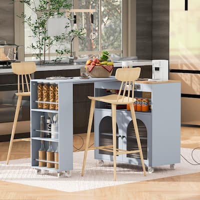 T-shape Grey Blue Kitchen Island Set w/ LED, Power Outlets and Wheels