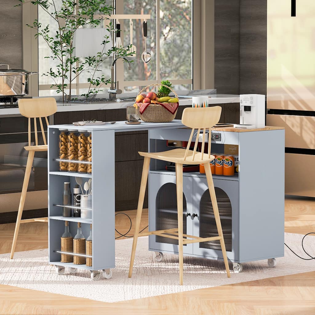 T-shape Grey Blue Kitchen Island Set w/ LED, Power Outlets and Wheels