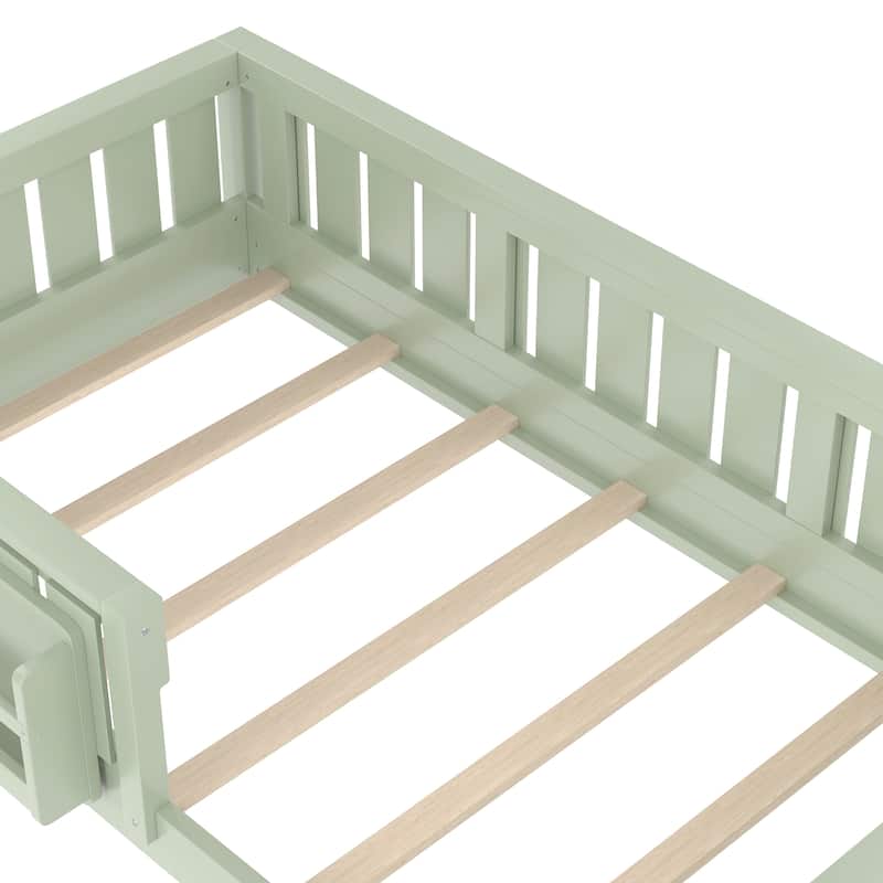 Low Profile Montessori Bed Floor Platform Bed with Fence and Bookshelf