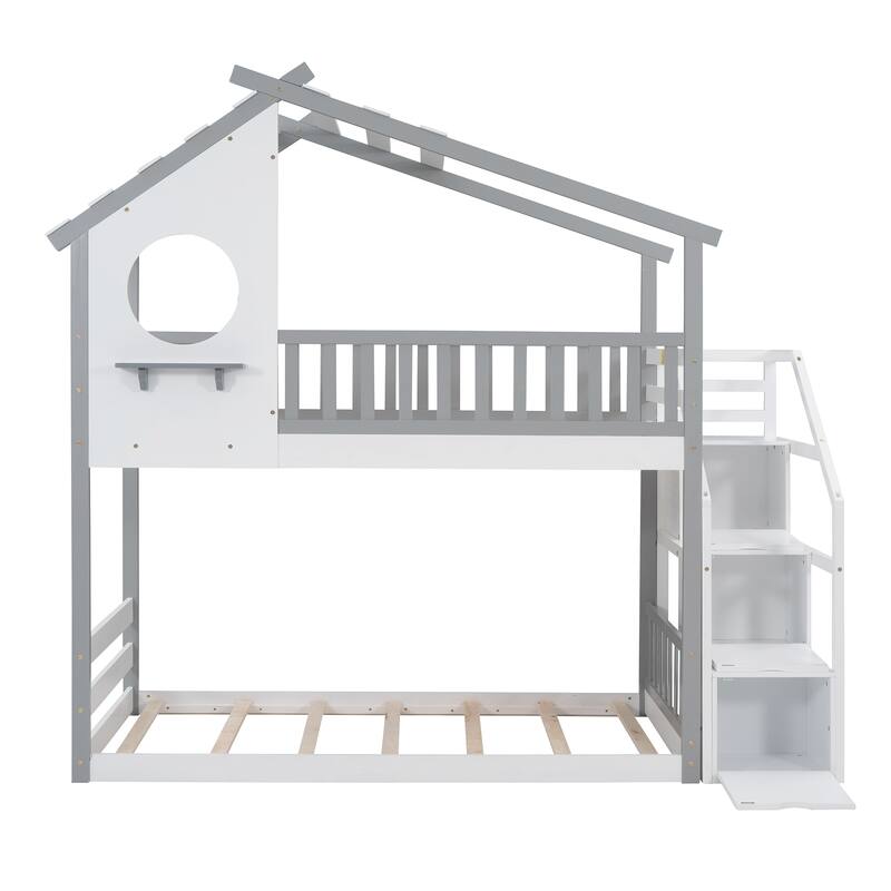 Stairway Twin-Over-Twin Bunk Bed, House Bed with Storage and Guard Rail, Natural Finish